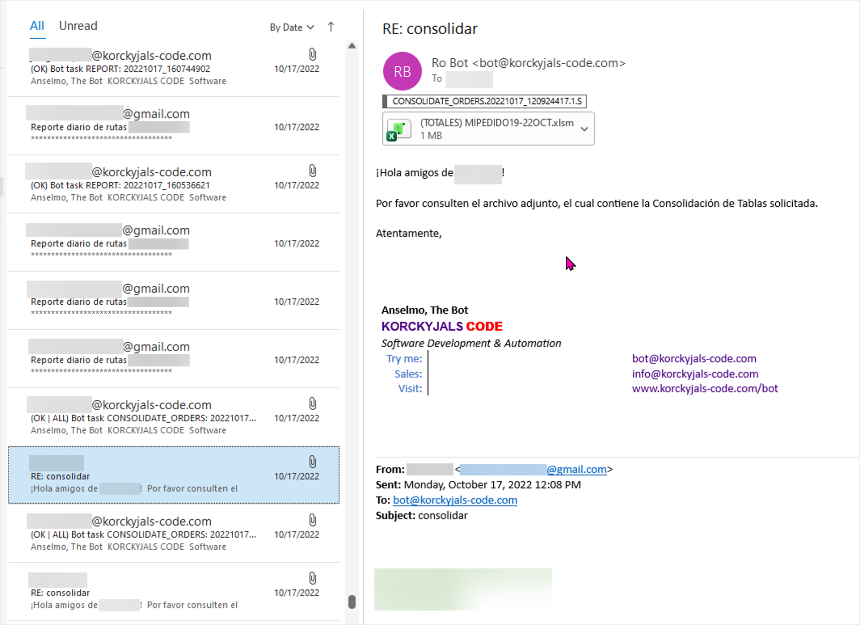 Outlook de Anselmo en Enviados con un correo de consolidación y el Excel adjunto