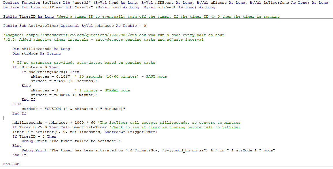 Código VBA de ActivateTimer con SetTimer de Win32 para el polling de Anselmo