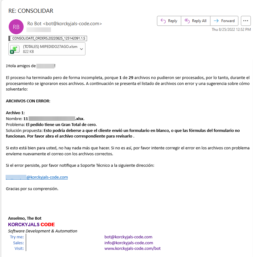 Correo de Anselmo avisando que 1 de 29 archivos no se pudo consolidar