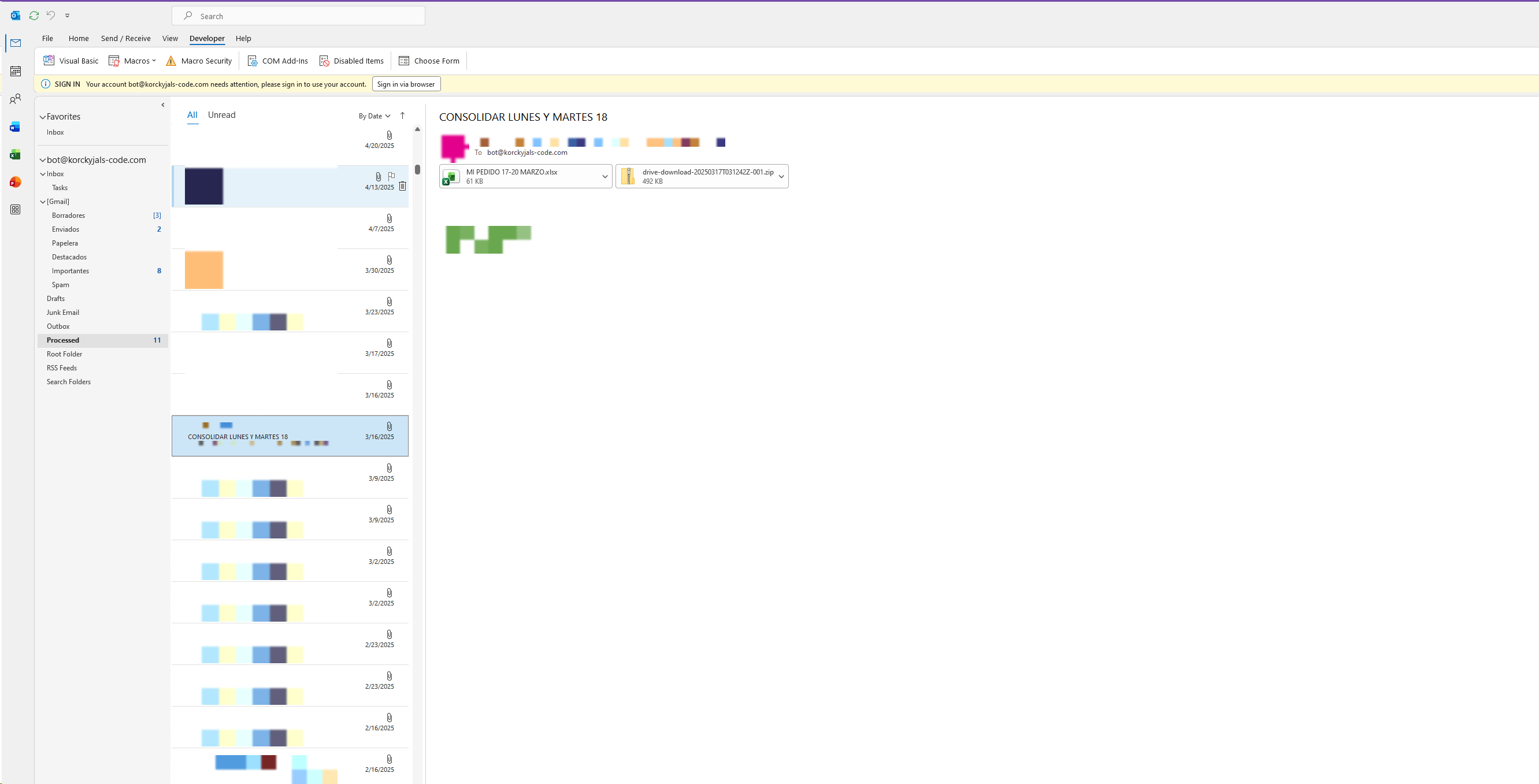 Outlook de Anselmo en Processed con un correo CONSOLIDAR y el Excel MI PEDIDO adjunto