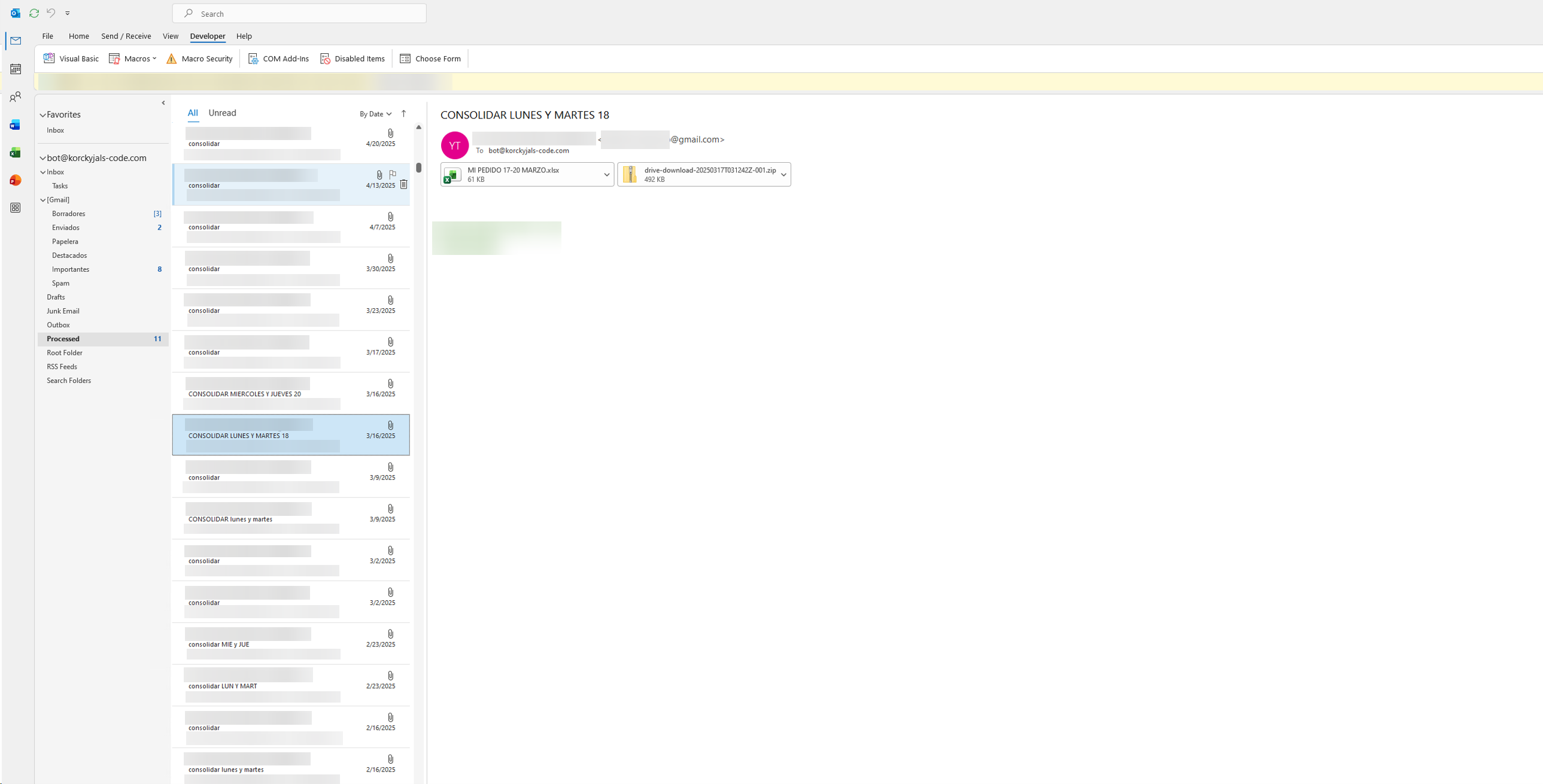 Outlook de Anselmo con la carpeta Processed y correos de consolidación ya procesados