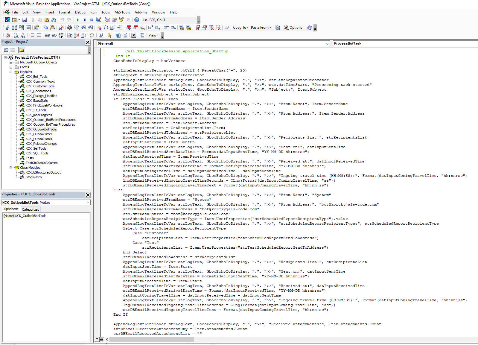 Editor VBA de Outlook con el módulo KCK_OutlookBotTools y el procedimiento ProcessBotTask